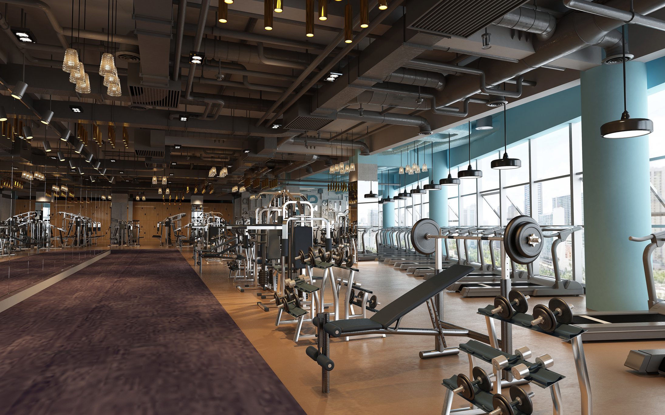 3d render gym fitness wellness center A gym with many machines and lots of windows.