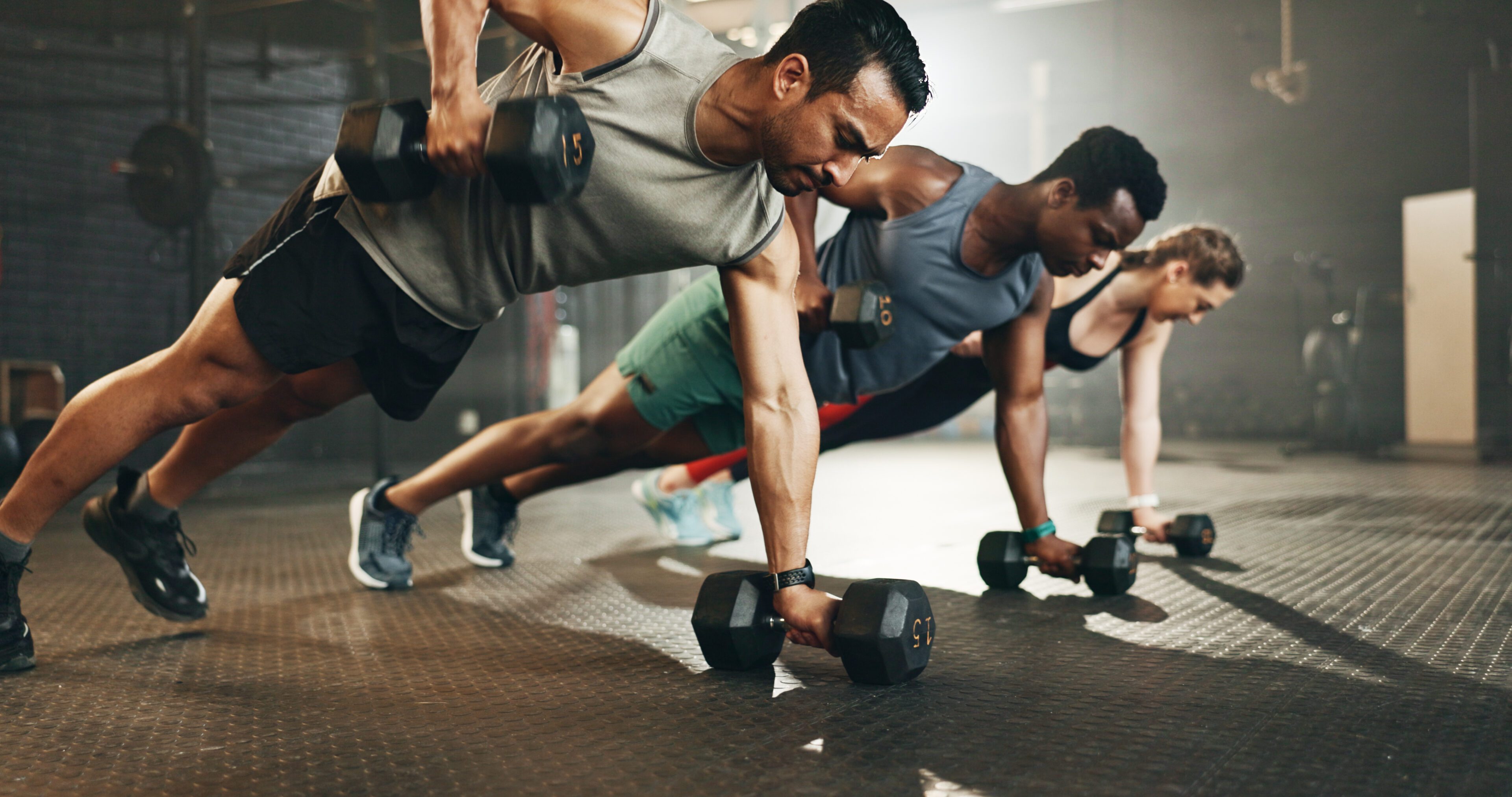 Gym, group and dumbbell rowing exercise for power, muscle and challenge in workout class. Diversity of strong people, bodybuilding and push up with weights for fitness, healthy training and action A group of people doing push ups with dumbbells.