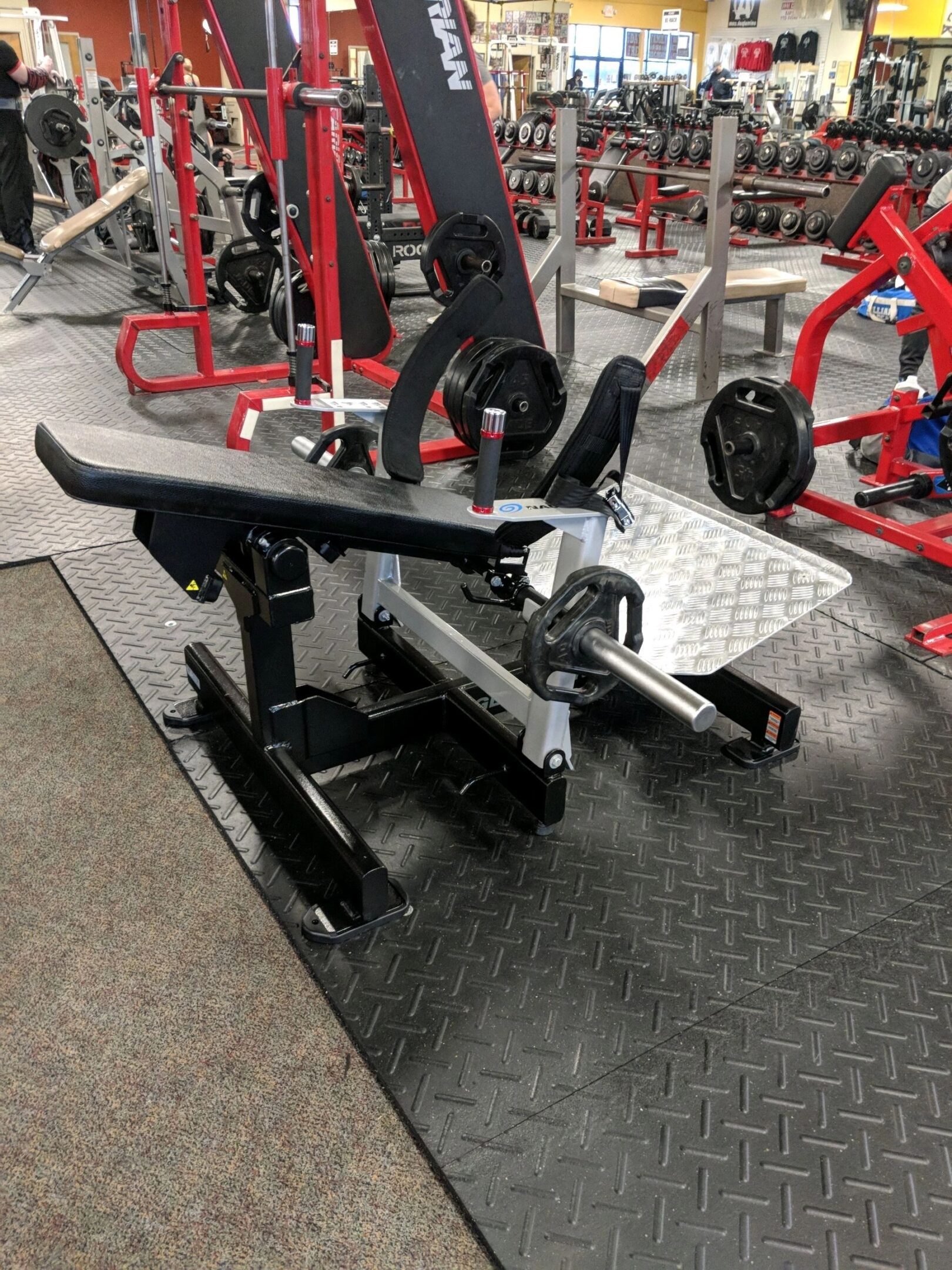 Gym with various weightlifting equipment, including a preacher curl machine, weight plates, and benches on a rubber mat floor.