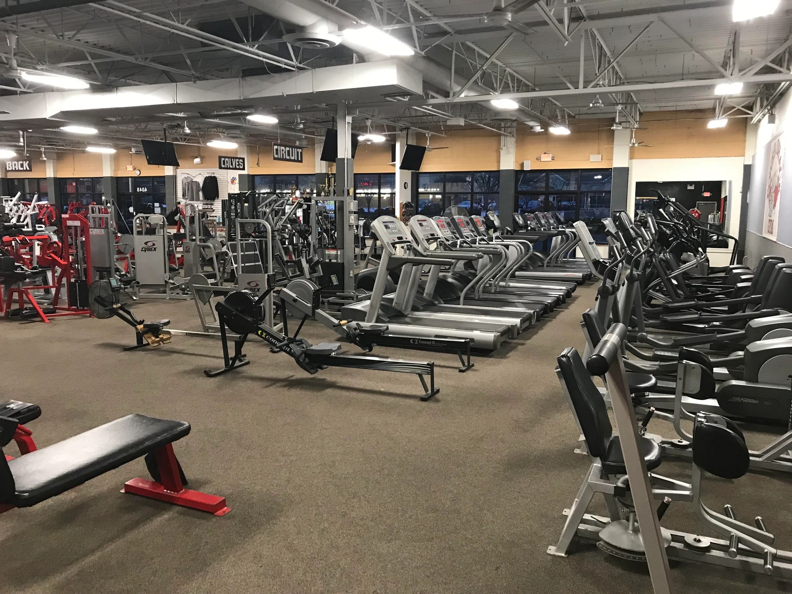 A gym interior with treadmills, elliptical machines, weight benches, and various exercise equipment on a carpeted floor. Ceiling lights illuminate the space.