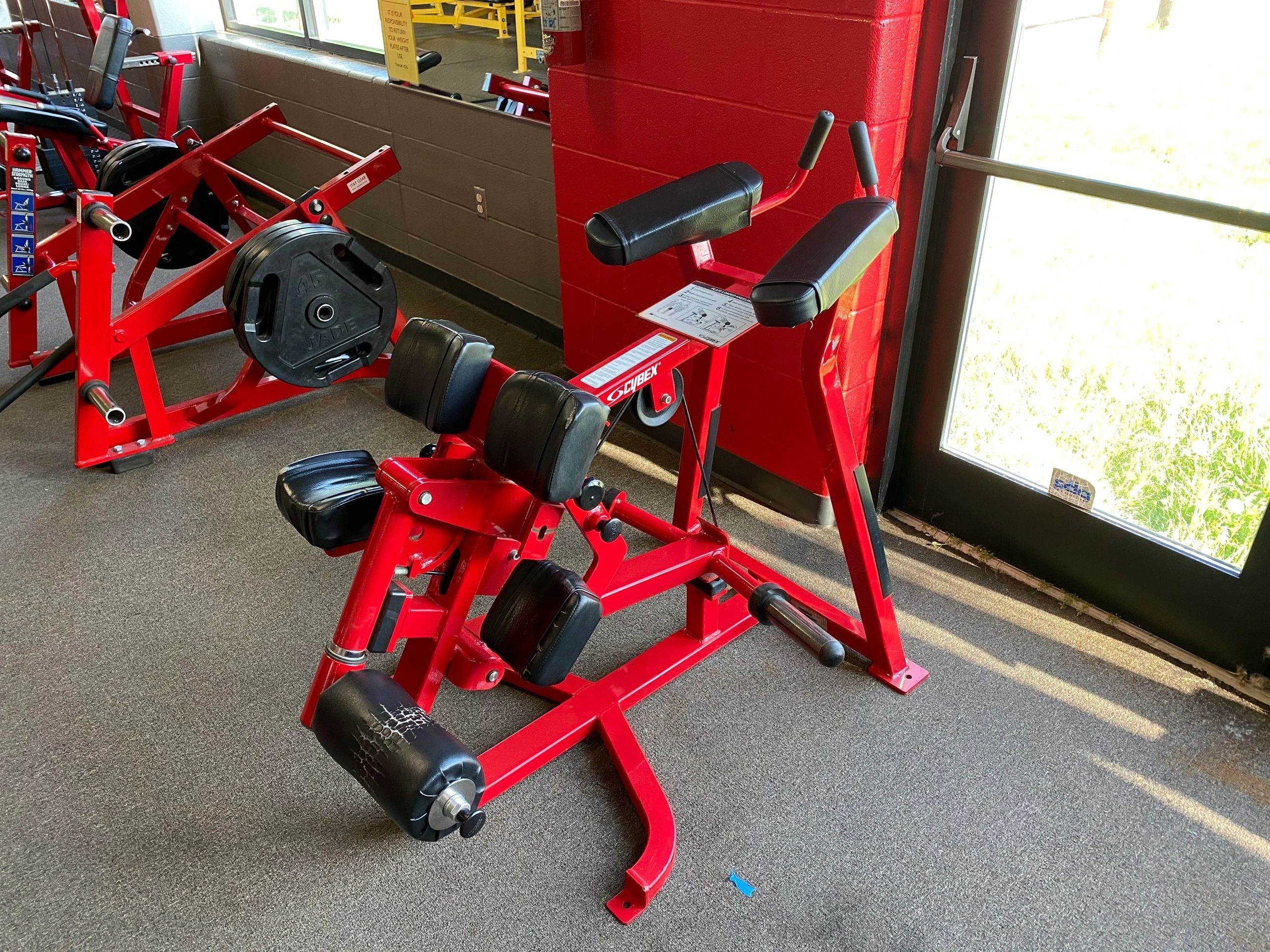 Red and black exercise machine in a gym near a window, designed for lower back and glute workouts.
