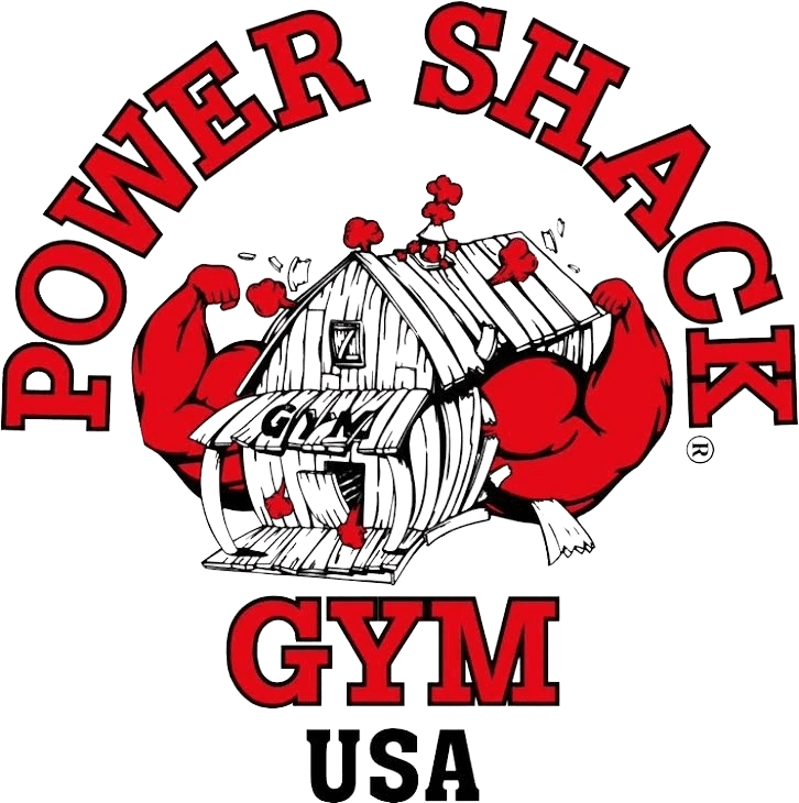 Logo of Power Shack Gym USA depicting a shack with muscular arms flexing, surrounded by red text.