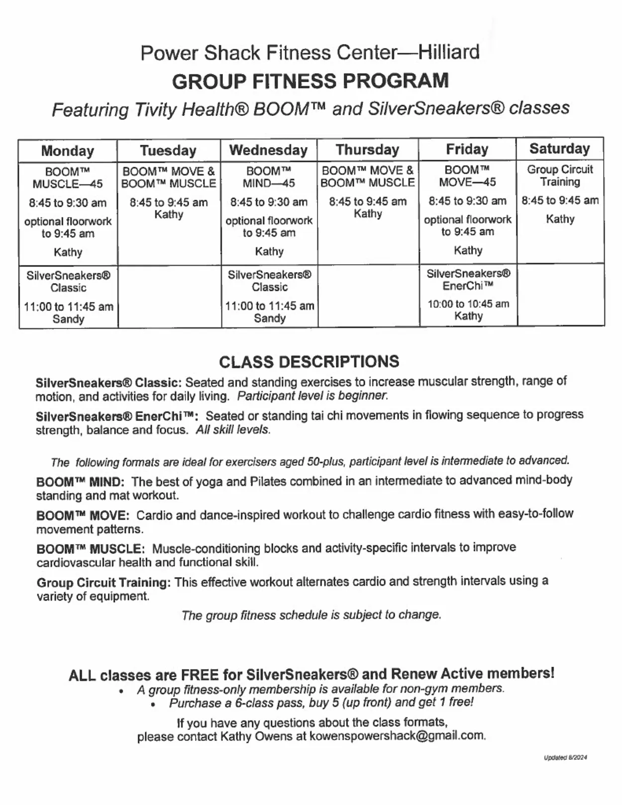 Group fitness program schedule for Power Shack Fitness Center, Hilliard. Classes include BOOM® MUSCLE, SilverSneakers®, and more from Monday to Saturday with instructor details.
